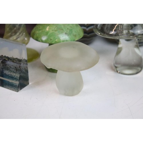 74 - Collection of glass ware to include Kosta Boda large mushroom, Britten's Patent purple glass weight,... 