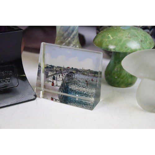 74 - Collection of glass ware to include Kosta Boda large mushroom, Britten's Patent purple glass weight,... 