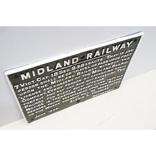 107 - Large antique Midland Railway 'trespassing' sign, W 68cm x D 51.5cm