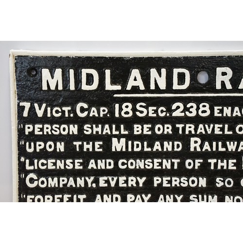 107 - Large antique Midland Railway 'trespassing' sign, W 68cm x D 51.5cm