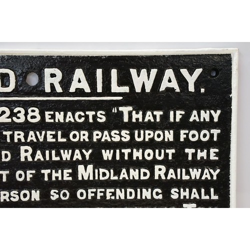 107 - Large antique Midland Railway 'trespassing' sign, W 68cm x D 51.5cm