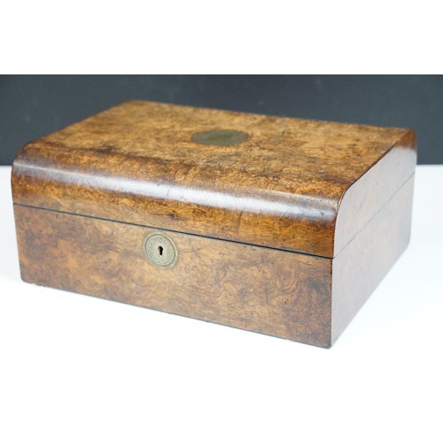 108 - Walnut brass inlay box with velvet frame lining and letter compartment together with walnut writers ... 