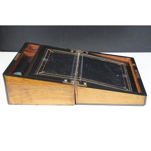 108 - Walnut brass inlay box with velvet frame lining and letter compartment together with walnut writers ... 