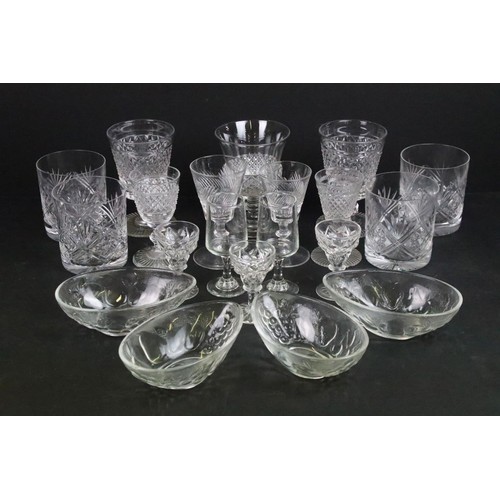 41 - Collection of mainly pressed and cut glass, to include whisky tumblers, wine glasses, sherry glasses... 