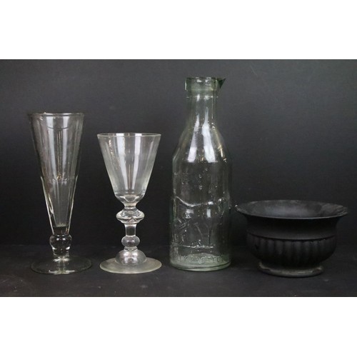 54 - Antique and vintage glass selection to include dairy bottles, black glass bowl, milk glass, glass sw... 