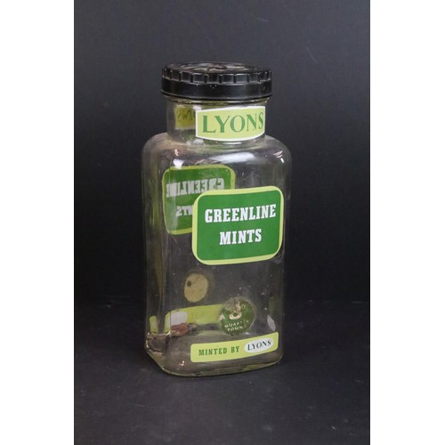 80 - Trio of vintage sweet candy counter apothecary display jars with lids to include Greenline Mints adv... 