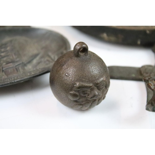 303 - Collection of metal ware to include University of Bangor coat hooks, small brass buckets, 18th centu... 