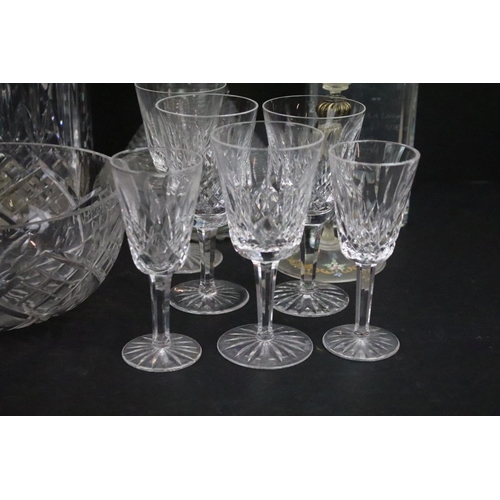 63 - Cut crystal glass square cut spirit decanter with twelve wine glasses, seven sherry glasses and six ... 