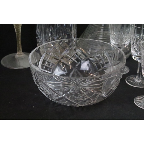 63 - Cut crystal glass square cut spirit decanter with twelve wine glasses, seven sherry glasses and six ... 