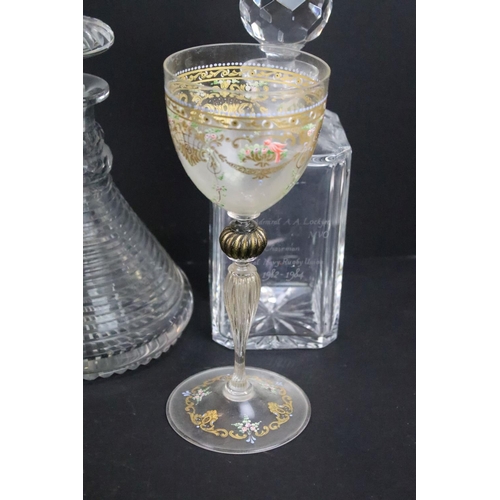 63 - Cut crystal glass square cut spirit decanter with twelve wine glasses, seven sherry glasses and six ... 