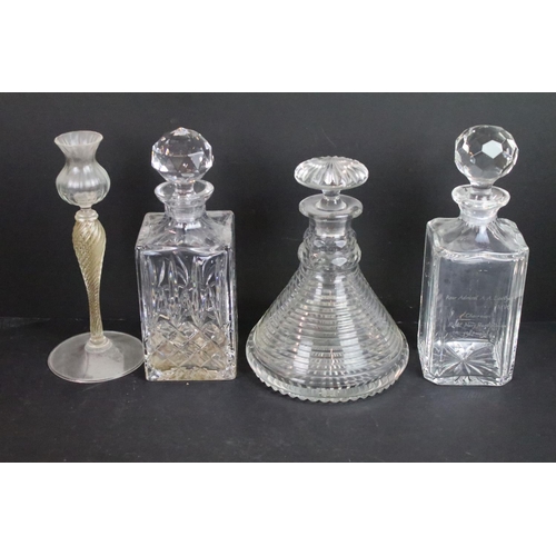 63 - Cut crystal glass square cut spirit decanter with twelve wine glasses, seven sherry glasses and six ... 