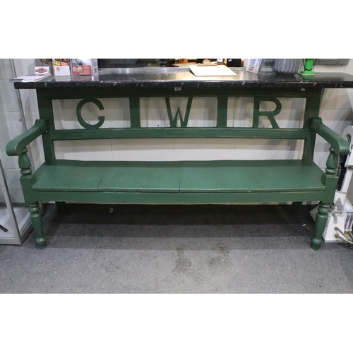 524 - Vintage three seater painted bench with letters GWR to the back, 96.5cm x 181cm wide x 47cm deep