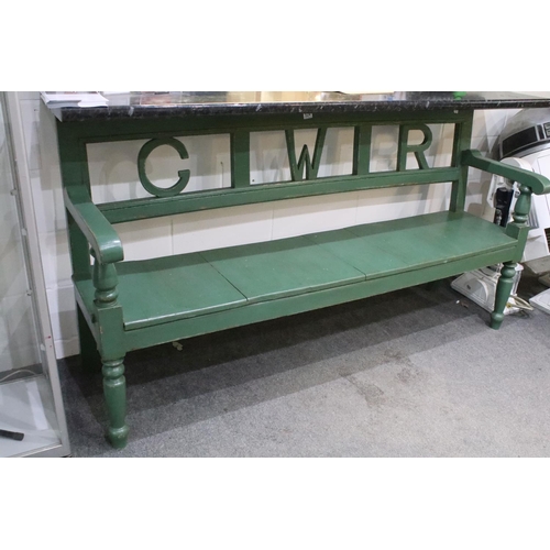 524 - Vintage three seater painted bench with letters GWR to the back, 96.5cm x 181cm wide x 47cm deep