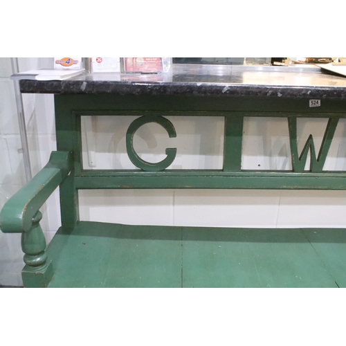 524 - Vintage three seater painted bench with letters GWR to the back, 96.5cm x 181cm wide x 47cm deep