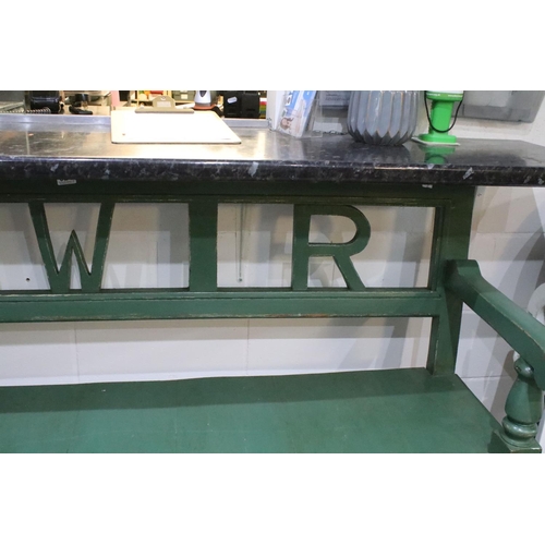 524 - Vintage three seater painted bench with letters GWR to the back, 96.5cm x 181cm wide x 47cm deep