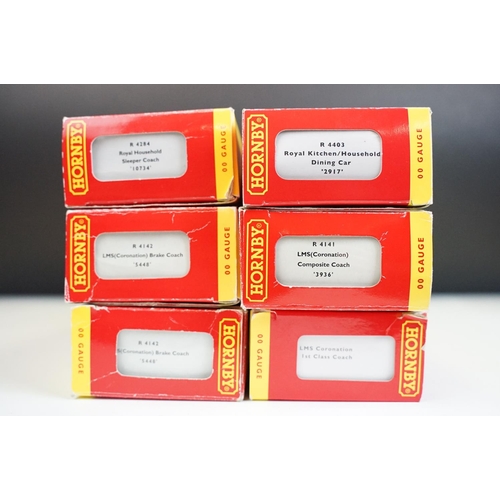 26 - Six boxed Hornby OO gauge items of rolling stock to include R4284, R4403, 2 x R4142, R4141 & LMS Cor... 