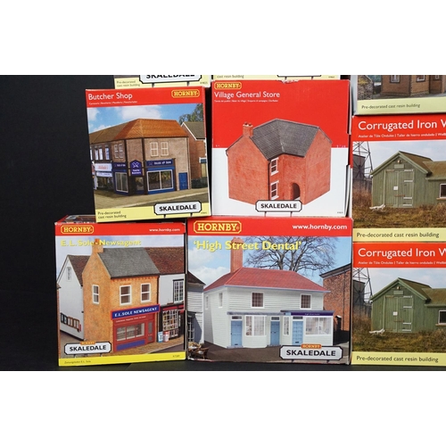 149 - 42 Boxed Hornby OO gauge Trackside buildings to include R9772 High Street Dental, R7289 E.L.Sole New... 