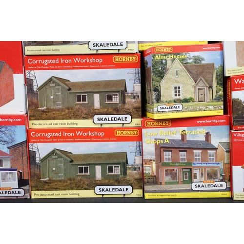 149 - 42 Boxed Hornby OO gauge Trackside buildings to include R9772 High Street Dental, R7289 E.L.Sole New... 