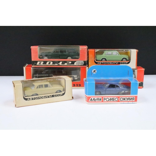Six boxed 1/43 Russian diecast models to include 2 x Volga, Alpha Romeo ...