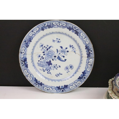 61 - Selection of plates to include 18th century Minton Staffordshire salt glaze oyster and fish serving ... 