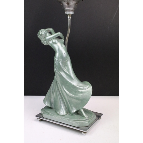 113 - Early 20th century Art Deco table lamp, modelled as a semi nude female on chromed rectangular base a... 