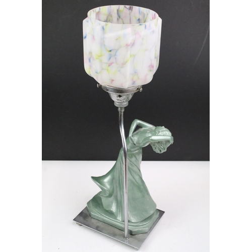 113 - Early 20th century Art Deco table lamp, modelled as a semi nude female on chromed rectangular base a... 