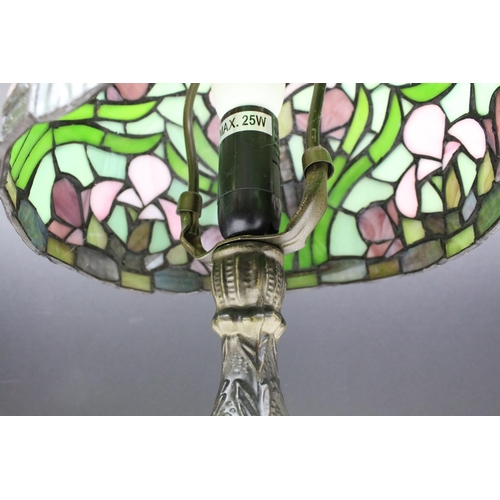 128 - Pair of Tiffany style glass table lamps, with green, pink and purple glass, 35cm high