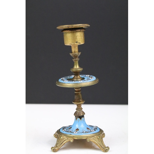 160 - Art nouveau brass candle holder of woman H17cm , together with brass and enamel blue tiered candlest... 