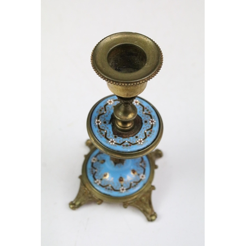 160 - Art nouveau brass candle holder of woman H17cm , together with brass and enamel blue tiered candlest... 