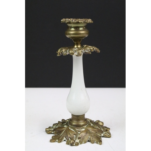 160 - Art nouveau brass candle holder of woman H17cm , together with brass and enamel blue tiered candlest... 