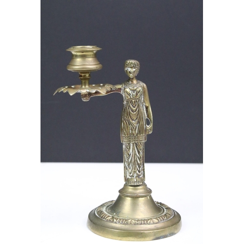 160 - Art nouveau brass candle holder of woman H17cm , together with brass and enamel blue tiered candlest... 