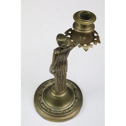 160 - Art nouveau brass candle holder of woman H17cm , together with brass and enamel blue tiered candlest... 