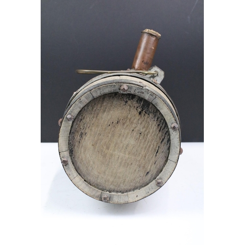 149 - 19th Century French small wooden barrel cask powder keg, four iron band with handle, W 29cm, diamete... 