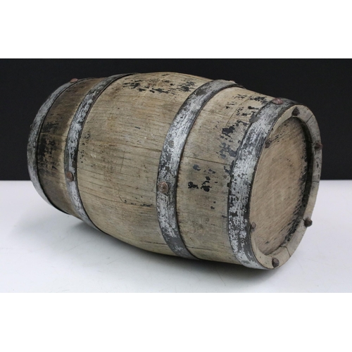 149 - 19th Century French small wooden barrel cask powder keg, four iron band with handle, W 29cm, diamete... 