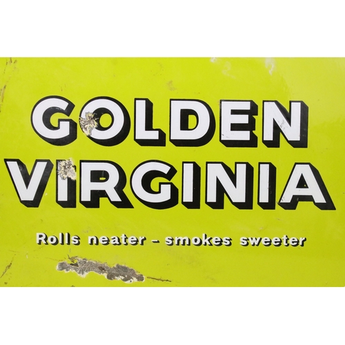 155 - Golden Virginia retro advertising enamel sign, 'Rolls neater, smokes sweeter', W 45cm x H 30cm