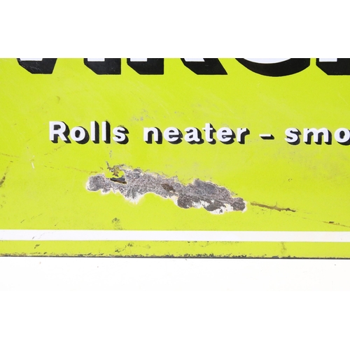 155 - Golden Virginia retro advertising enamel sign, 'Rolls neater, smokes sweeter', W 45cm x H 30cm