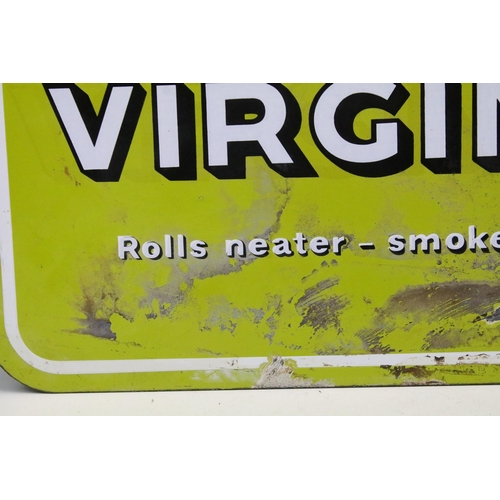 155 - Golden Virginia retro advertising enamel sign, 'Rolls neater, smokes sweeter', W 45cm x H 30cm