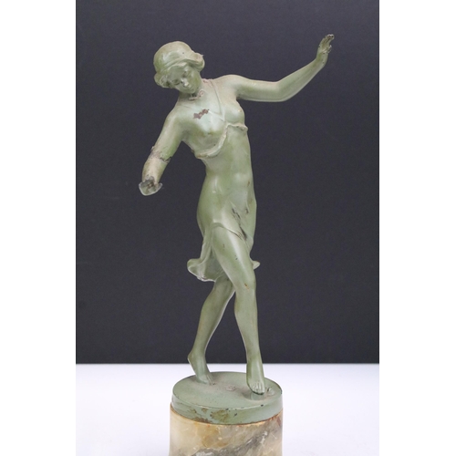 156 - Vintage Art Deco cast dancing figurine with green patina on circular onyx base, H 26cm