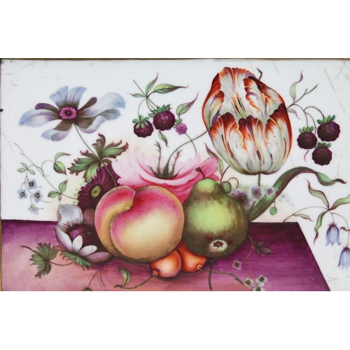 157 - 19th century framed still life of fruit and flowers porcelain plaque tile painting, W 28.5cm, H 24cm... 