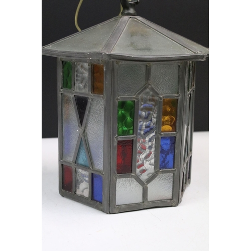 163 - Leaded hanging lantern of octagonal form with coloured and clear glass panels, 24cm high