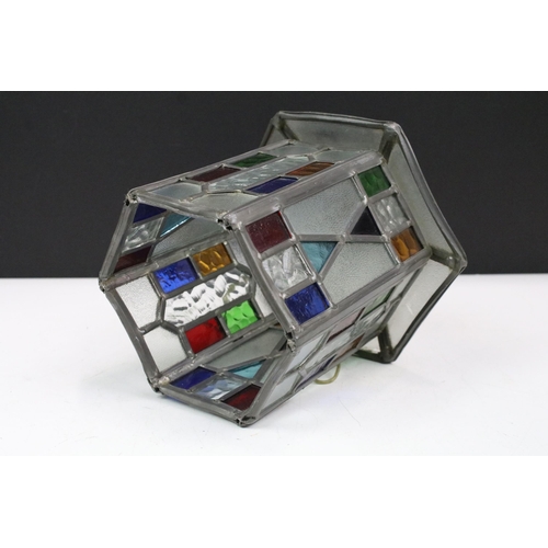 163 - Leaded hanging lantern of octagonal form with coloured and clear glass panels, 24cm high