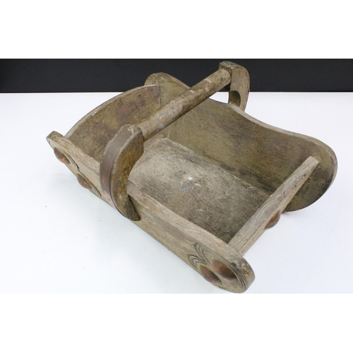 165 - Decorative wooden handled trug with copper mounts, H 18cm, W 36.5cm, D 28cm