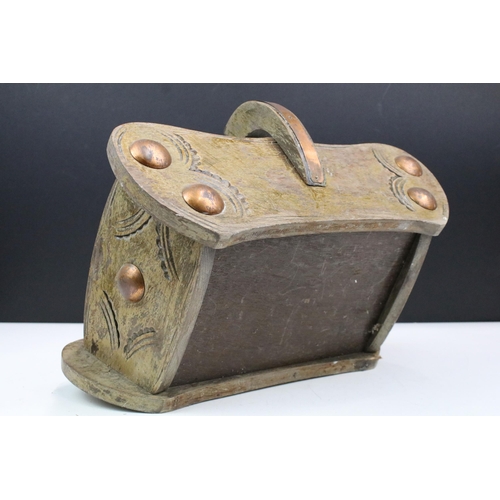 165 - Decorative wooden handled trug with copper mounts, H 18cm, W 36.5cm, D 28cm