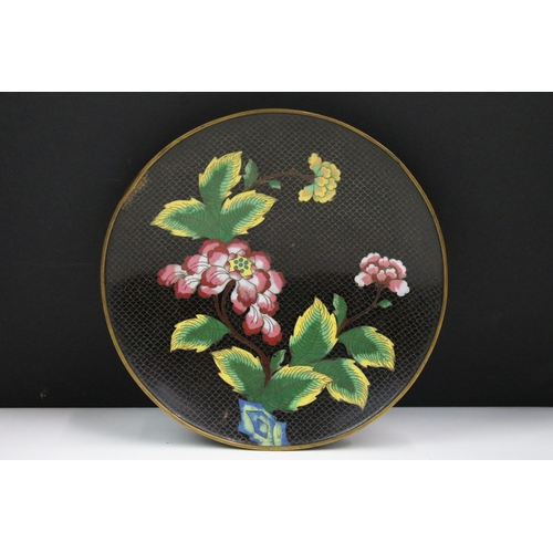 172 - Pair of vintage black cloisonne vases H 26.5cm with floral decoration together with a matching plate... 