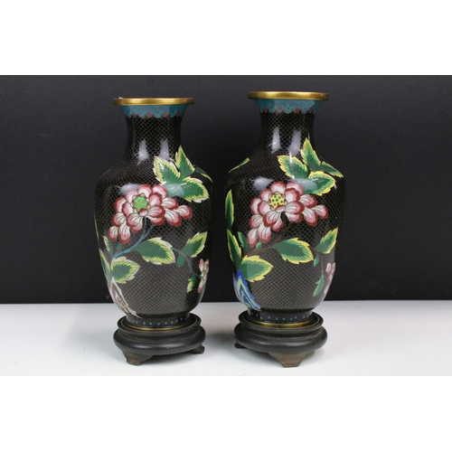 172 - Pair of vintage black cloisonne vases H 26.5cm with floral decoration together with a matching plate... 