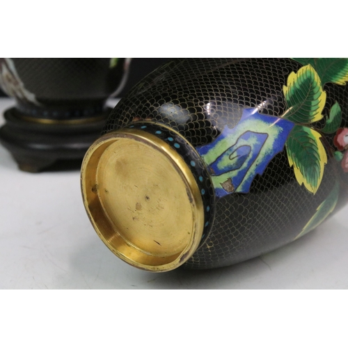 172 - Pair of vintage black cloisonne vases H 26.5cm with floral decoration together with a matching plate... 