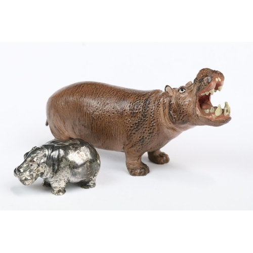 187 - A contemporary cold painted bronze hippo together with a fully hallmarked sterling silver miniature ... 