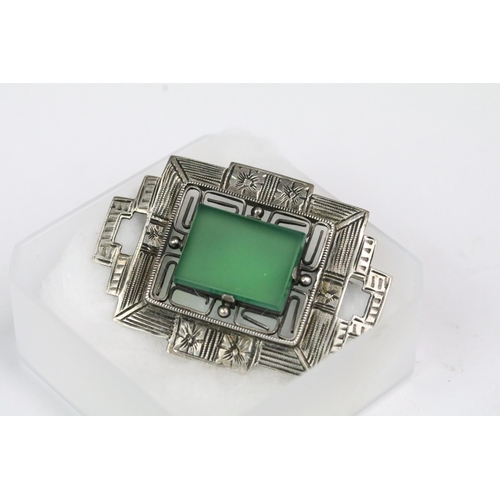 189 - Art Deco Italian silver brooch of rectangular form set with an opaque green panel, marked A. Galli, ... 