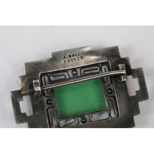 189 - Art Deco Italian silver brooch of rectangular form set with an opaque green panel, marked A. Galli, ... 