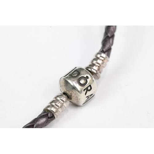 202 - Pandora - Pandora silver snake chain bracelet, together with Pandora leather bracelet with Pandora s... 